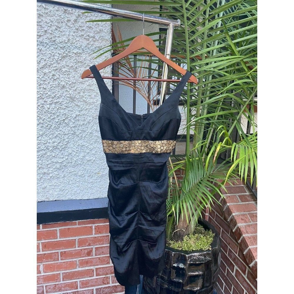 Nicole Miller Evening Womens XS Black Dress Formal Satin Stretch Silk Sequin